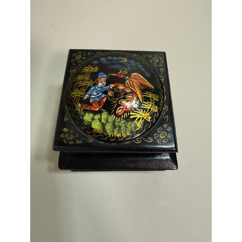 Vintage Russian Lacquer Double Deck Trinket Box Hand Painted Firebird Black Red